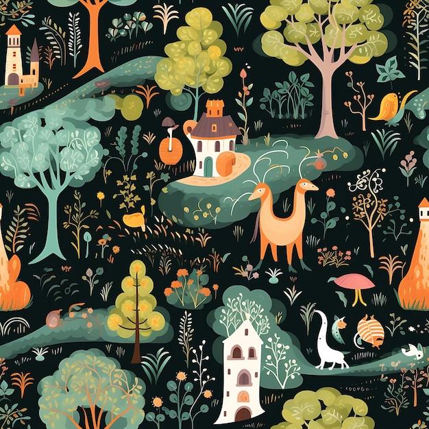 Seamless Pattern of Adventure dans une dynamique majestueuse inspirant la magnifique forêt enchantée