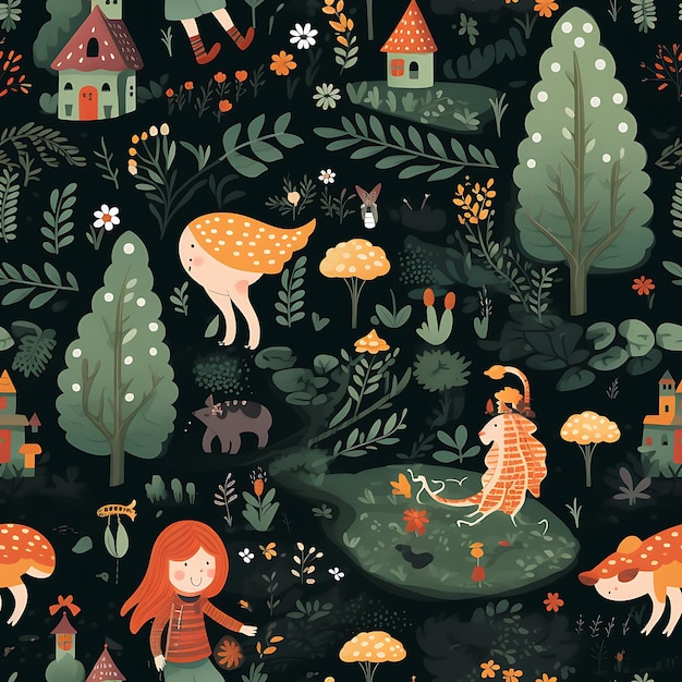 Seamless Pattern of Adventure dans une expression pittoresque et gracieuse engageant la forêt enchantée avec