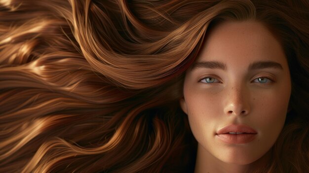 une séance de beauté commerciale de cheveux mettant en vedette une belle femme aux cheveux longs et lisses Ses cheveux sont bruns Elle regarde la caméra 85mm photoréaliste AI générative