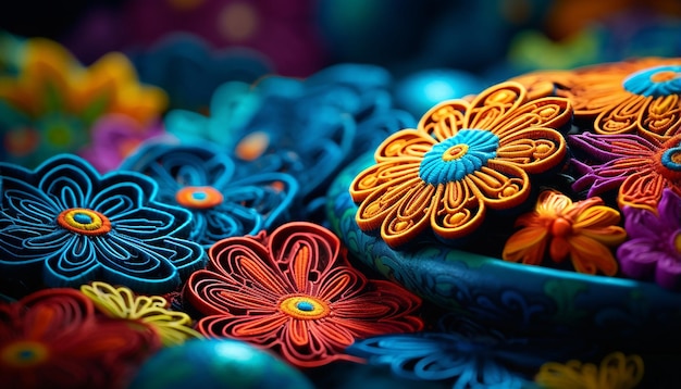 Photo séance macro, broderie mexicaine colorée dans le style latin et indigo