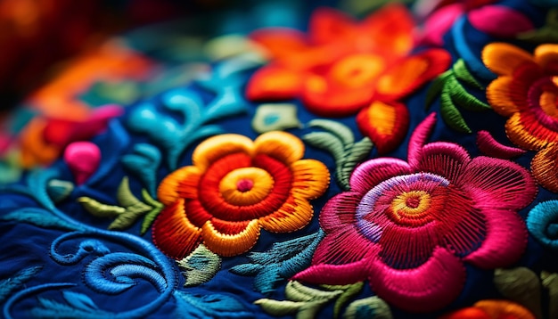 séance macro, broderie mexicaine colorée dans le style latin et indigo