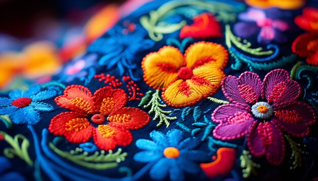 séance macro, broderie mexicaine colorée dans le style latin et indigo