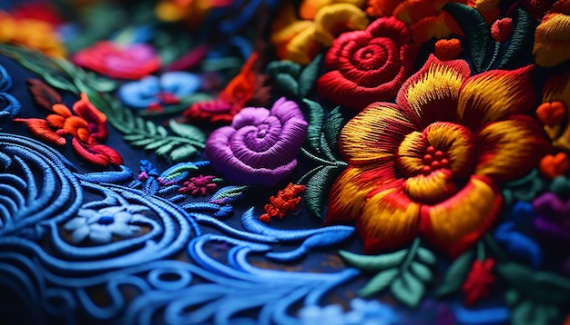 Photo séance macro, broderie mexicaine colorée dans le style latin et indigo