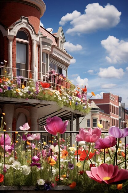 Une séance photo architecturale mettant l'accent sur des bâtiments et des structures entourés de fleurs de printemps