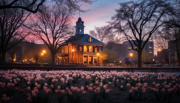 Une séance photo au crépuscule d'un bâtiment historique entouré de fleurs de printemps