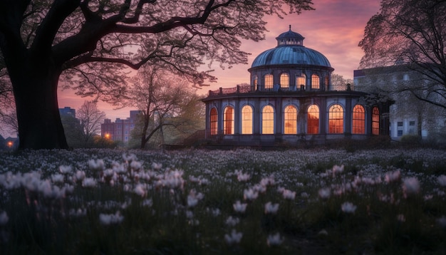 Une séance photo au crépuscule d'un bâtiment historique entouré de fleurs de printemps