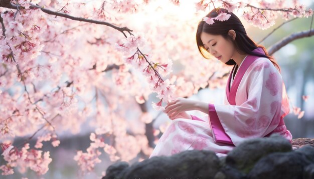 Photo une séance photo à l'aube capturant des cerisiers en fleurs dans un jardin japonais serein