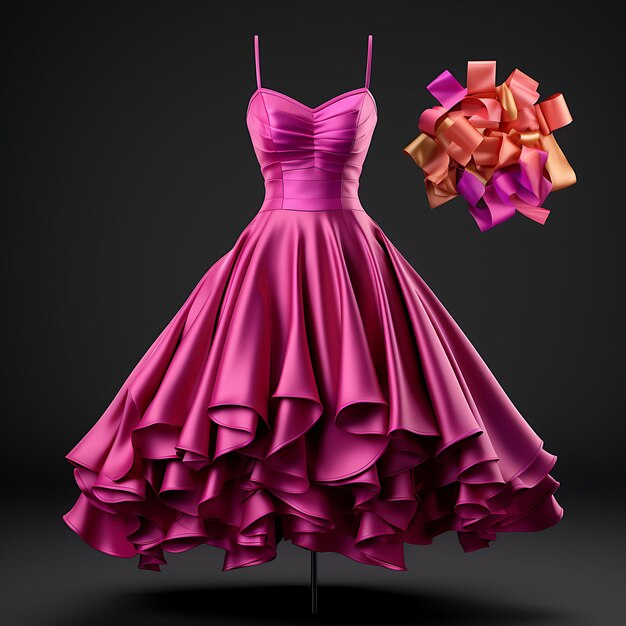 Séance photo de Bright Party Dress Maker Card Fashion Fuchsia Ruffles Ideas Concept avec décorations