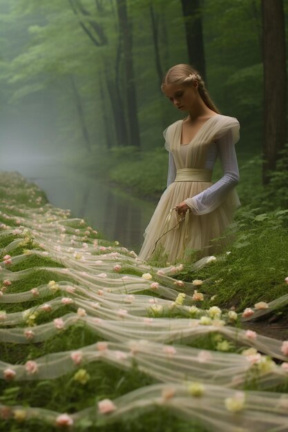 une séance photo capturant la rosée du matin sur un ruban Martisor disposé dans un setti naturel de printemps