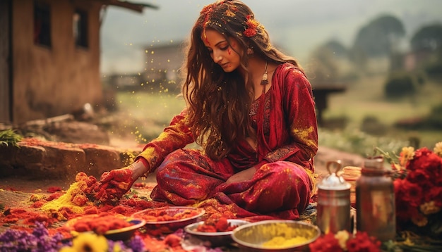 une séance photo dans un cadre rural capturant les façons traditionnelles de célébrer Holi dans le pays