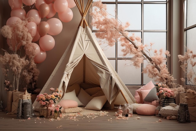 une séance photo dans un teepee avec des ballons, des fleurs et des arbres