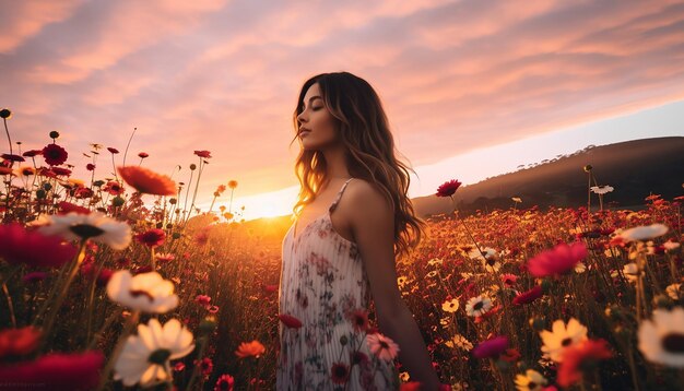 Une séance photo du lever du soleil dans un champ de fleurs