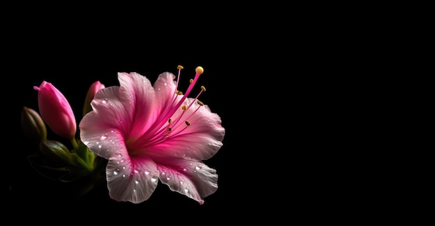 Séance photo gros plan de fleur d'azalée rose avec un fond sombre