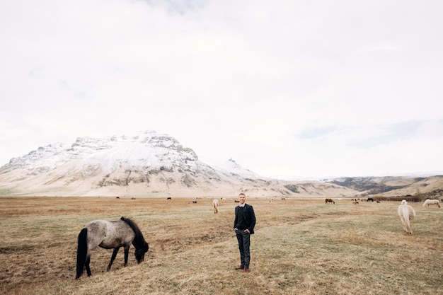 Séance photo de mariage à destination de l'Islande avec des chevaux islandais, un portrait masculin épique dans un champ de