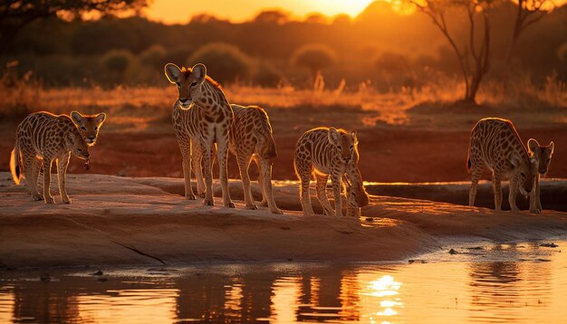 une séance photo à un point d'eau occupé dans la savane au coucher du soleil