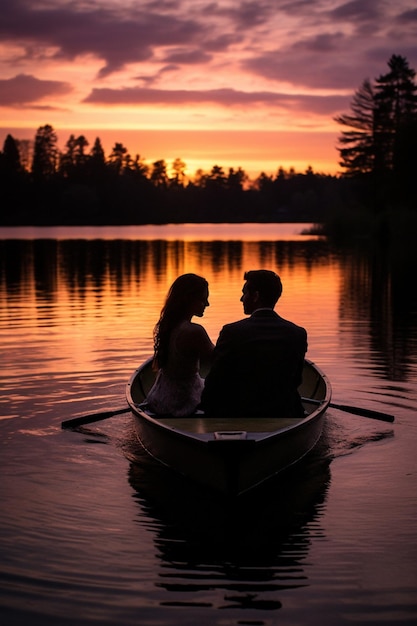 Une séance photo romantique du crépuscule d'un couple dans un bateau sur un lac alimenté par une source