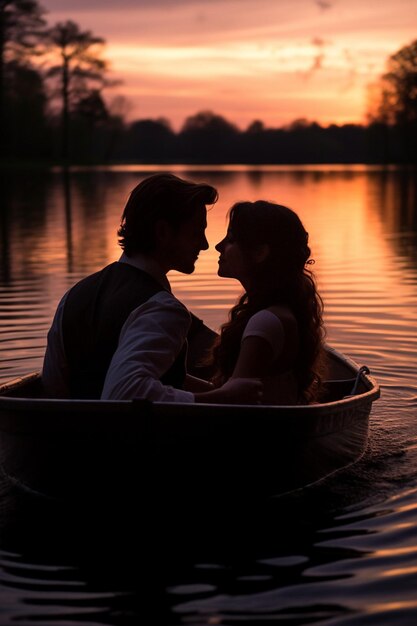 Une séance photo romantique du crépuscule d'un couple dans un bateau sur un lac alimenté par une source