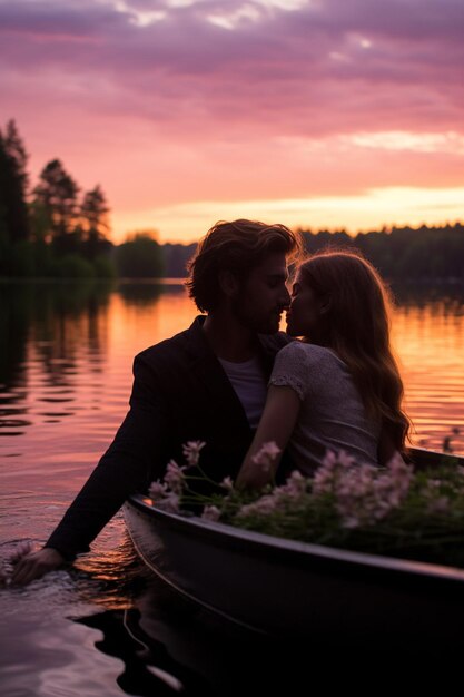 Une séance photo romantique du crépuscule d'un couple dans un bateau sur un lac alimenté par une source