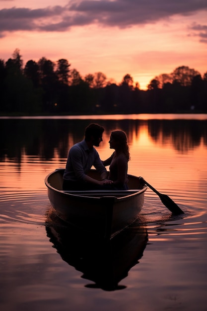 Une séance photo romantique du crépuscule d'un couple dans un bateau sur un lac alimenté par une source