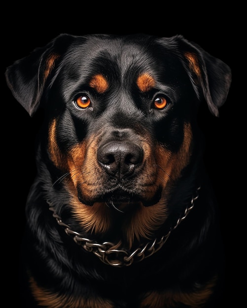 Une séance photo de Rottweiler sur fond noir avec un éclairage parfait