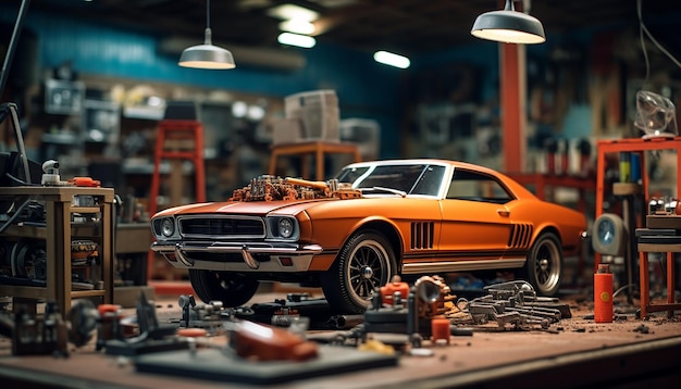 Photo séance photo de scène d'atelier de réparation automobile diorama photoréaliste