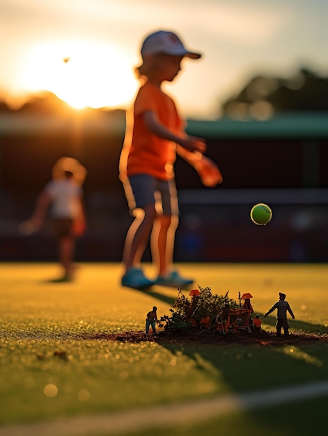 Séance photo avec style Tilt Shift d'un enfant jouant au tennis virtuel