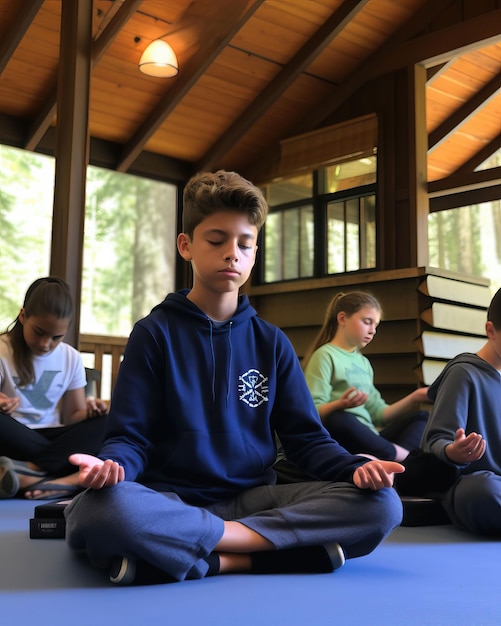Une séance de pleine conscience paisible où les élèves méditent dans un environnement serein et apprennent des techniques.