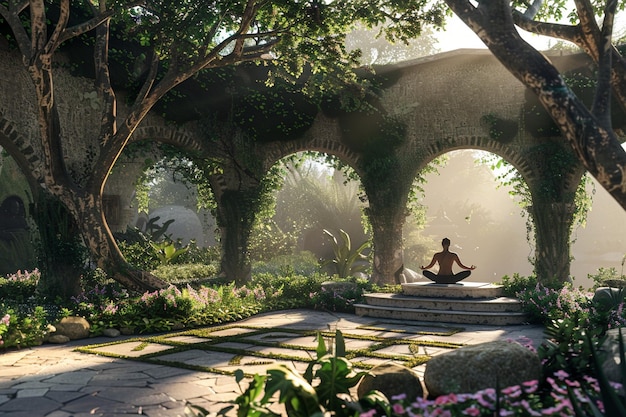 Une séance de yoga matinale sereine dans un jardin luxuriant
