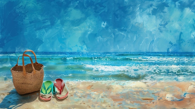 Photo seaside serenity une scène de plage accueillante avec un sac tissé et des tongs colorés en arrière-plan