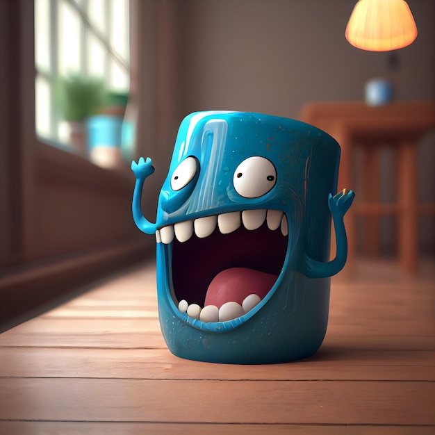 Seau bleu drôle avec illustration 3d de smiley