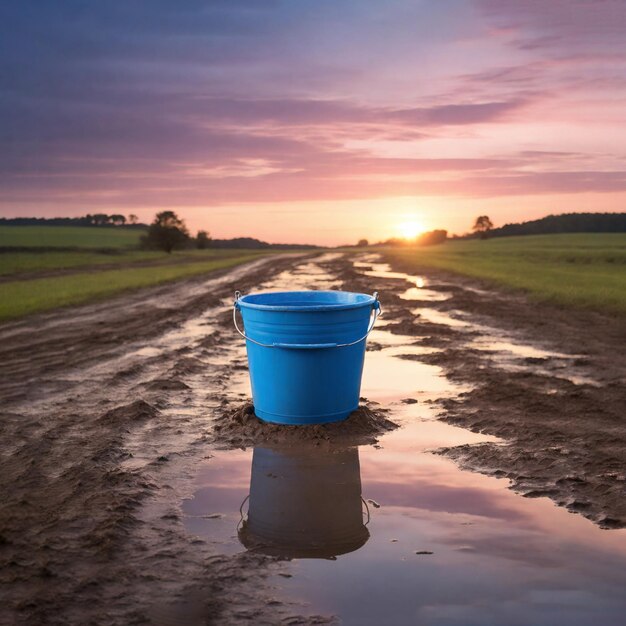 Un seau bleu vide d'eau sur une route boueuse avec un ciel du soir