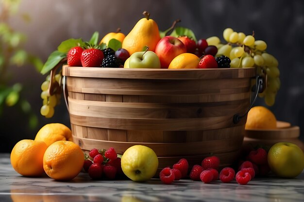 Photo un seau en bois rempli de fruits frais sur une surface en marbre