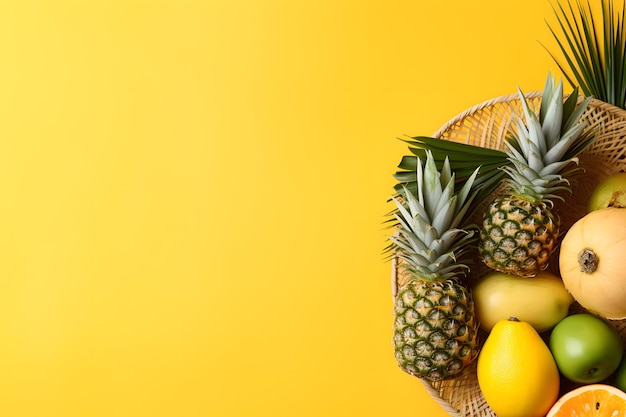 Seau de canne à fruits frais de délicatesse tropicale sur jaune