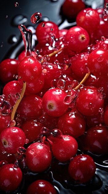 un seau de cerises avec un seau noir d'eau