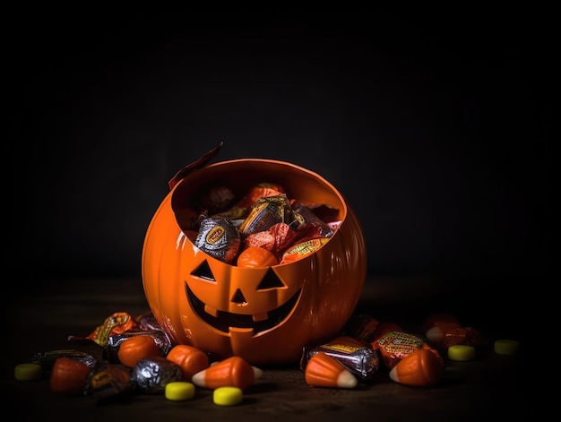 Seau de citrouille d'Halloween avec des bonbons pour le fond