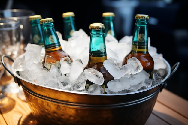 Un seau enveloppé de glace refroidit les bouteilles de bière, assurant une boisson glaciale et satisfaisante.