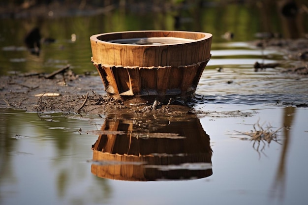 un seau est posé dans l'eau avec une branche d'arbre en arrière-plan.