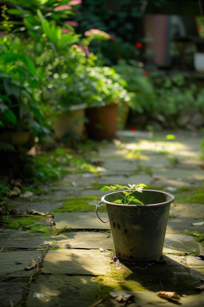 Un seau en métal galvanisé se trouve dans le jardin d'été