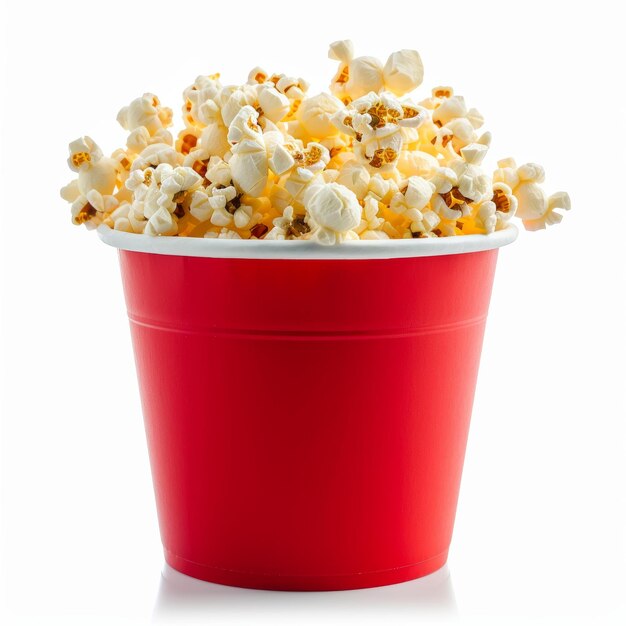 Un seau de papier blanc rouge rempli de pop-corn isolé