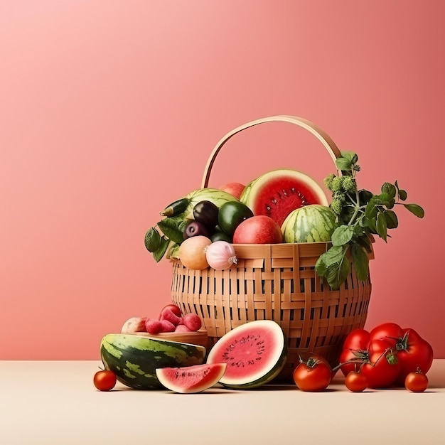 Un seau plein de fruits avec une poignée sur un fond blanc