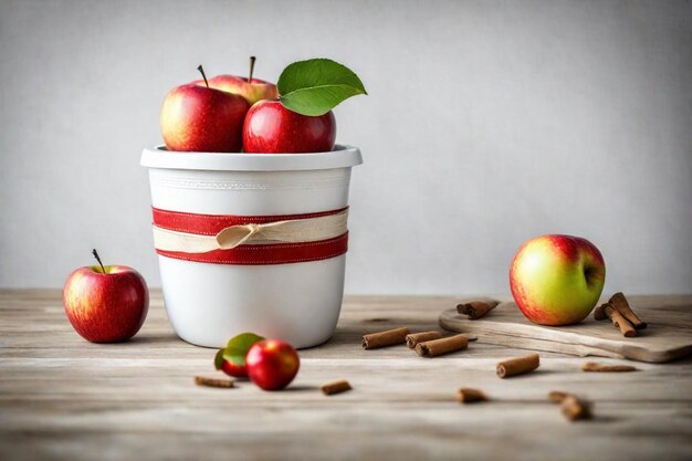 un seau de pommes et un tas de chocolats