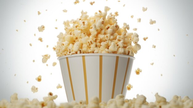 Un seau de pop-corn avec une bande jaune est devant et le pop-corn tombe.