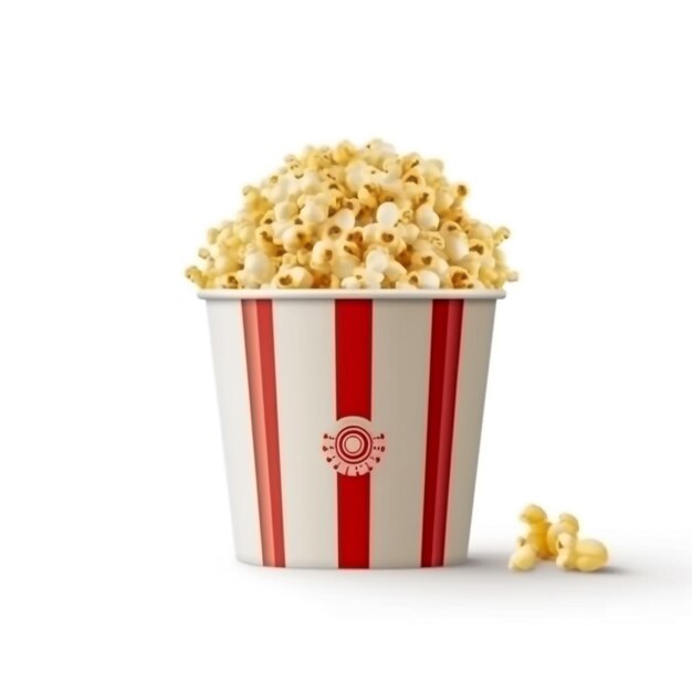 Photo un seau de pop-corn avec des bandes rouges isolées sur fond blanc