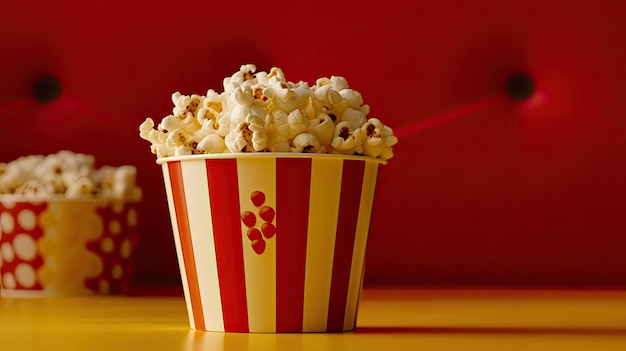 Un seau de pop-corn est posé sur une table.