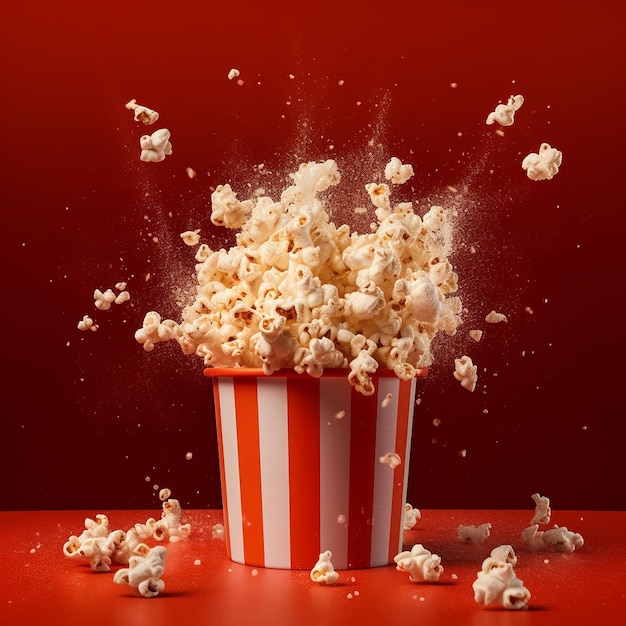 un seau de pop-corn sur fond rouge