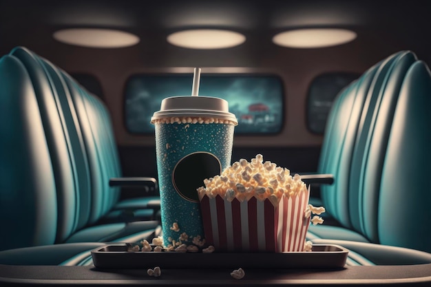 Seau de pop-corn et grand soda sur plateau au-dessus du siège de cinéma avec salon et grand écran