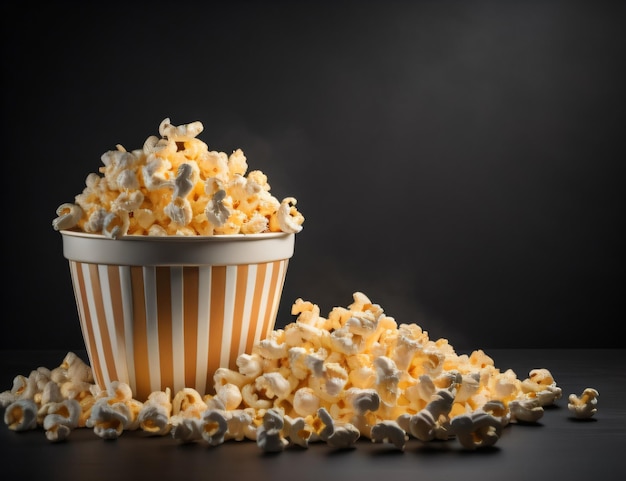 Un seau de pop-corn rayé est à côté d'un tas de pop-corn avec une IA générative