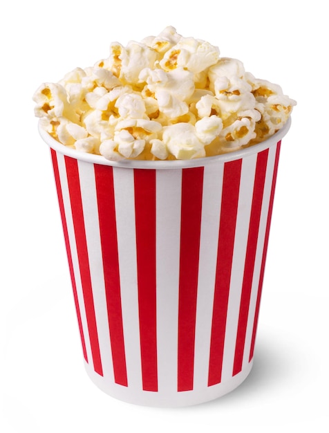 Photo un seau de pop-corn rayé rouge et blanc est sur un fond blanc