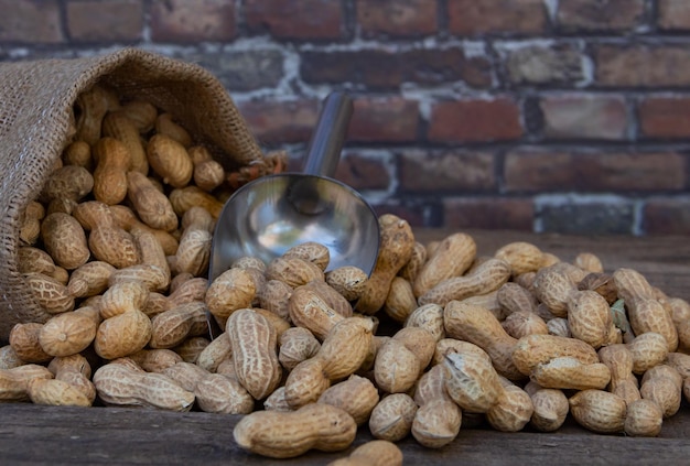 Seau sac et pelle avec cacahuètes en vrac