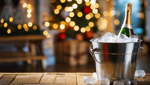 Un seau avec un support de bouteille de glace Fête sur le fond de lumières floues